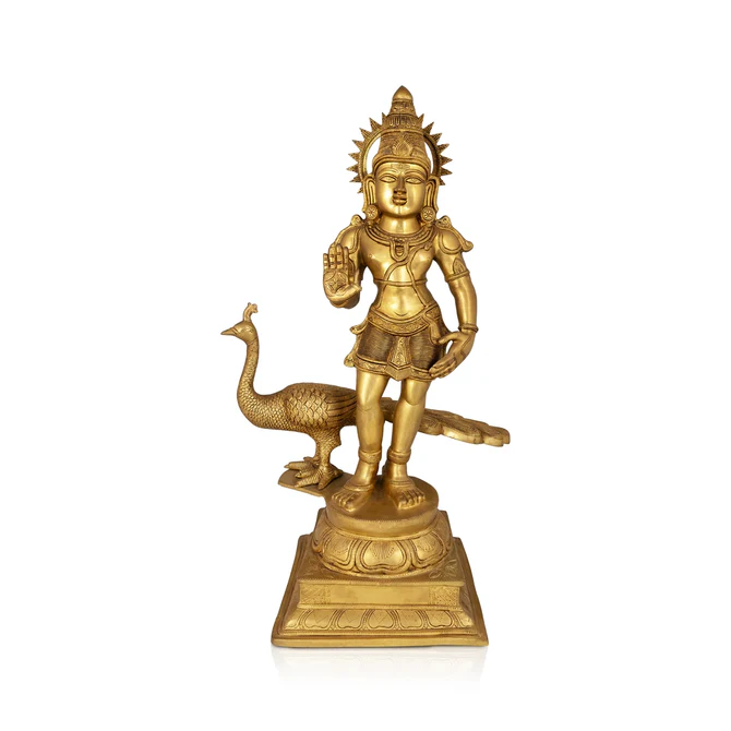 Murugar With Peacock on Base Murti - 28 x 11 Inches (Antique Brass)